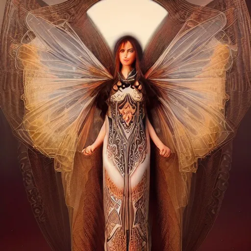 Image similar to a beautiful symmetrical plus size woman full body wearing algerian kaftan with translucent wings by alex gray and android jones , Karol Bak, Ayami Kojima, Amano , concept art, character design, fantasy,3D, 8k resolution