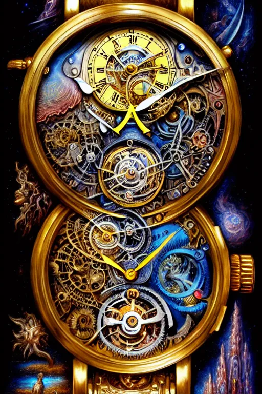 Prompt: intricate Wandering Hours chronograph tourbillon clocks james gurney, dan luvisi, Petros Afshar, tim hildebrandt, liam wong, Mark Riddick, thomas kinkade, ernst haeckel, dan mumford, trending on artstation, josephine wall, WLOP, cgsociety by Gediminas Pranckevicius, trending on cgsociety and DeviantArt