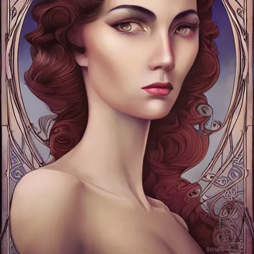 Image similar to an art nouveau, ( streamline moderne ), multi - racial portrait in the style of anna dittmann and charlie bowater and chanthara. very large, clear, expressive, and intelligent eyes. centered, ultrasharp focus, dramatic lighting, photorealistic digital matte painting, intricate symmetrical ultra detailed background.