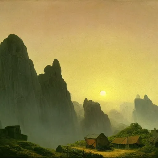 Image similar to village above the clouds, sharp pointy mountains, wooden platforms, tents, colors, misty clouds, sun at dawn, brutalism, painting by caspar david friedrich