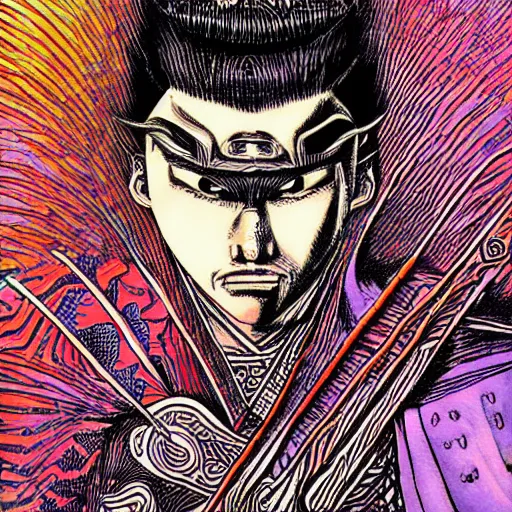 Image similar to Samurai by Kentaro Miura, psychedelic