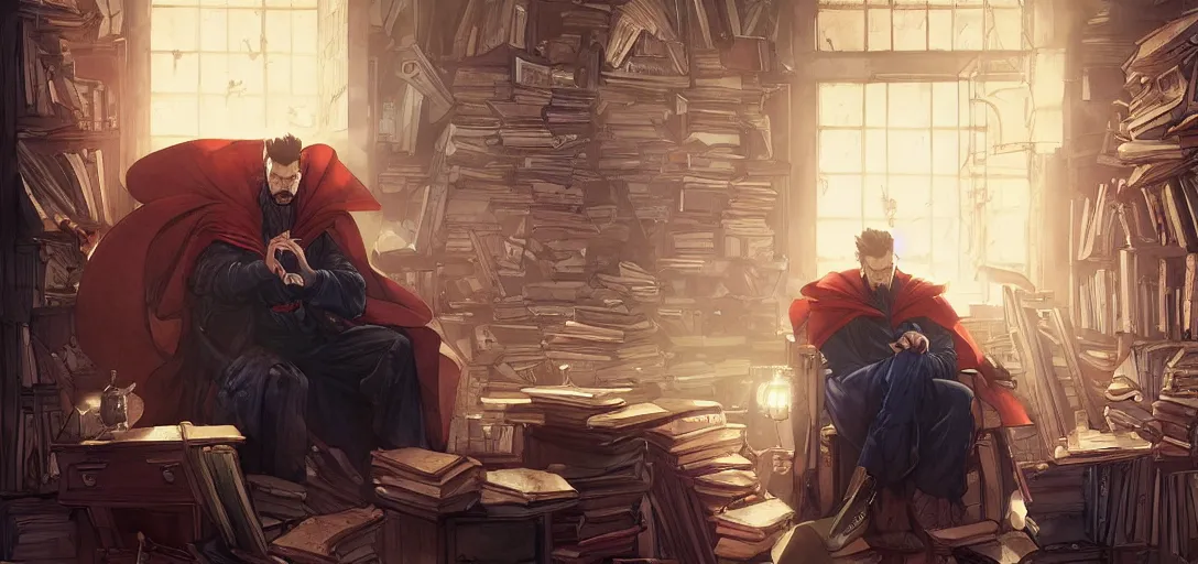 Prompt: a sad dr strange sitting alone in his room in a large chair, books messy about the room, sad, somber, by Stanley Artgerm Lau, WLOP, Rossdraws, James Jean, Andrei Riabovitchev, Marc Simonetti, krenz cushart