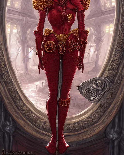 Image similar to redhead queen knight in red armor, exposed beating heart in chest with gold veins, inside grand hall in castle with rococo aesthetic, crown, scar face, elden lord, intimidating, high fantasy, intricate detail, digital painting, artstation, concept art, smooth, sharp focus, illustration, art by yoshitaka amano and monia merlo and wlop