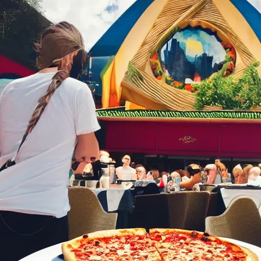 Image similar to god eating a pizza in tomorrowland