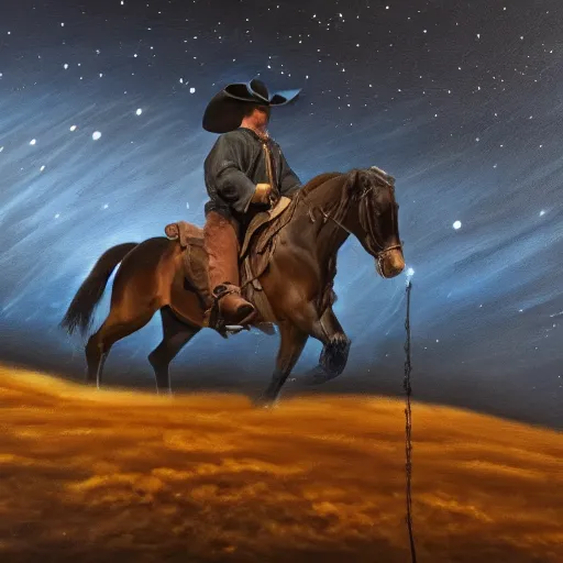 Prompt: a dark oil painting of a cowboy riding a horse towards a glowing blue ring suspended in the night sky