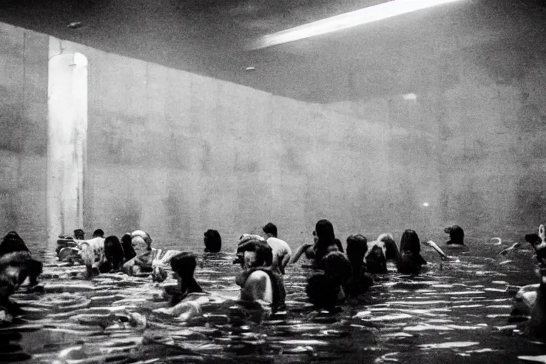 Prompt: people trapped in a flooded ballroom, drowning, underwater view, black and white photograph