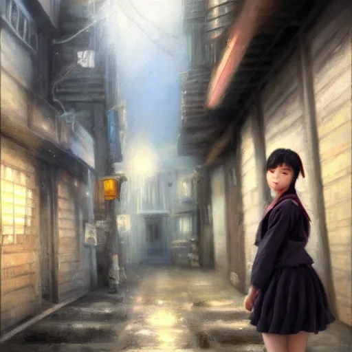 Image similar to a perfect, realistic professional oil painting in romanticism style, of a Japanese schoolgirl posing in a dystopian alleyway, close-up, by a professional American senior artist on ArtStation, a high-quality hollywood-style concept