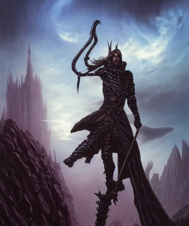 Image similar to elric of melnibone, artwork by michael whelan, full figure, action pose, dramatic lighting, cinematic, hyperrealistic, highly detailed, artstation, fantasy background setting including a city, weird - dreamlike landscape and dramatic sky