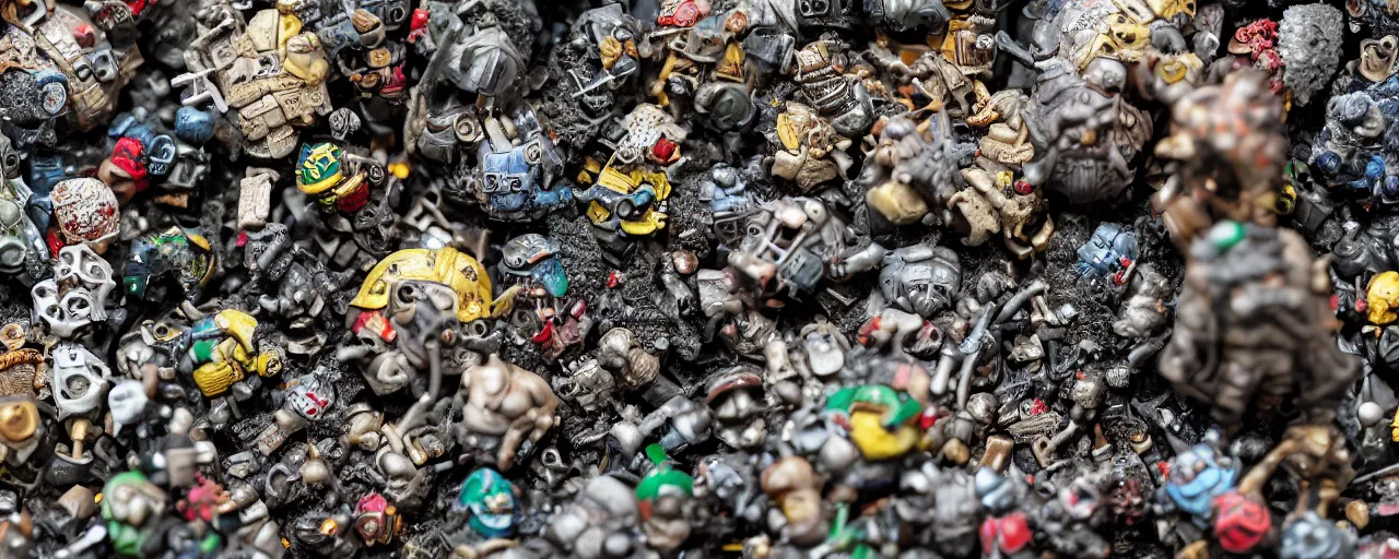 Image similar to a close up of a piece of plastiglomerate made from warhammer figures and face masks, photographic, highly detailed