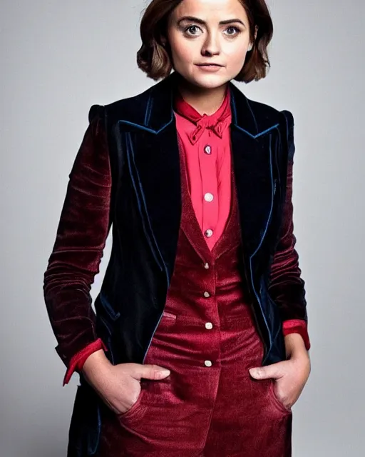 Prompt: Jenna Coleman as the Doctor, velvet blazer, waistcoat, Doctor Who