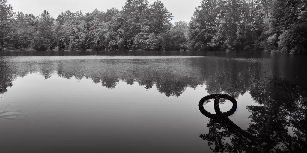 Image similar to centered photograph of a long rope snaking across the surface of the water, floating submerged rope stretching out towards the center of the lake, a dark lake on a cloudy day, mood, trees in the background, hyperedetailed photo, anamorphic lens