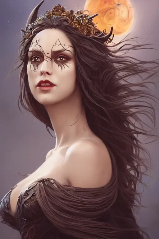 Prompt: a seductive beautiful witch, with a perfect face!!! wind blowing hair and floating, bust portrait, tribal mask and jewelry, dnd, face, fantasy, intricate, elegant, highly detailed, digital painting, artstation, concept art, smooth, sharp focus, illustration, art by artgerm and greg rutkowski and alphonse mucha