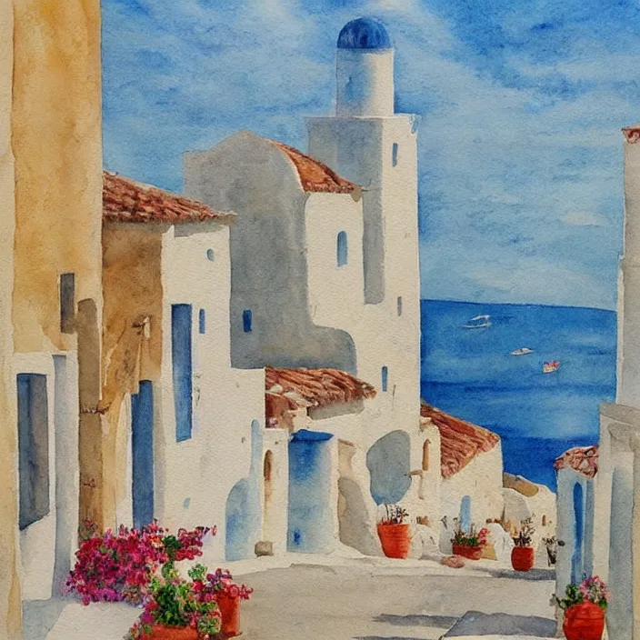 Image similar to old greek town by the sea on a hot summer day, watercolor painting, morandi color palette, very beautiful masterpiece by a very talented artist, extremely detailed stunning, dreamy, melancholy , poetic, nostalgic