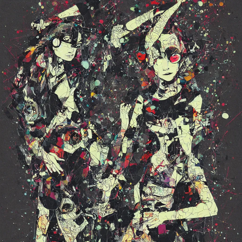 Image similar to girl figure, abstract, jet set radio artwork, ryuta ueda artwork, cryptic, rips, spots, asymmetry, stipple, lines, glitches, color tearing, pitch bending, stripes, dark, ominous, eerie, hearts, minimal, points, otomo katsuhiro artwork, technical, natsumi mukai artwrok, folds