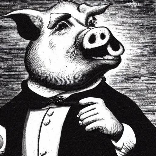 Image similar to closeup portrait of a angry pig in a tuxedo, dramatic lighting, farm background, moon, chiaroscuro, high detail, illustration by gustave dore