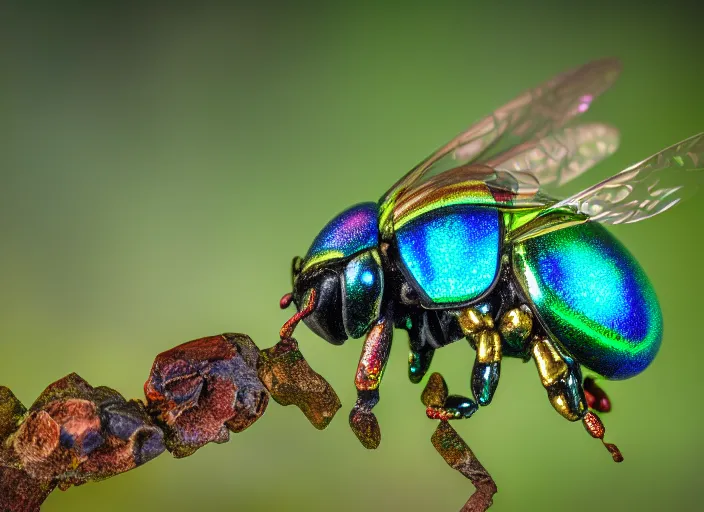 Image similar to super macro of an iridescent mechanical cyborg bee drinking from a flower in the forest. fantasy magic style. highly detailed 8 k. intricate. nikon d 8 5 0 3 0 0 mm. award winning photography.