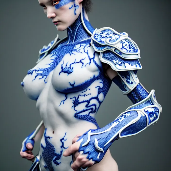 Prompt: porcelain cyborg armor, Chinese Kangxi Blue and white dragon pattern porcelain, diffuse lighting, fantasy, intricate, elegant, highly detailed, lifelike, photorealistic, digital painting, artstation, illustration, concept art, smooth, sharp focus, art by John Collier and Albert Aublet and Krenz Cushart and Artem Demura and Alphonse Mucha