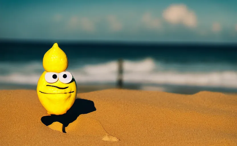 Image similar to 5 0 mm photograph, of a real anthropomorphic lemon cartoon character, it has lemon skin texture, it's wearing a hat and a vr head, building a sandcastle on the beach at sunset, beach, waves, sun, clouds, tropical trees, rim light, sand, sandcastle, volumetric lightening, pentax k 1 0 0 0