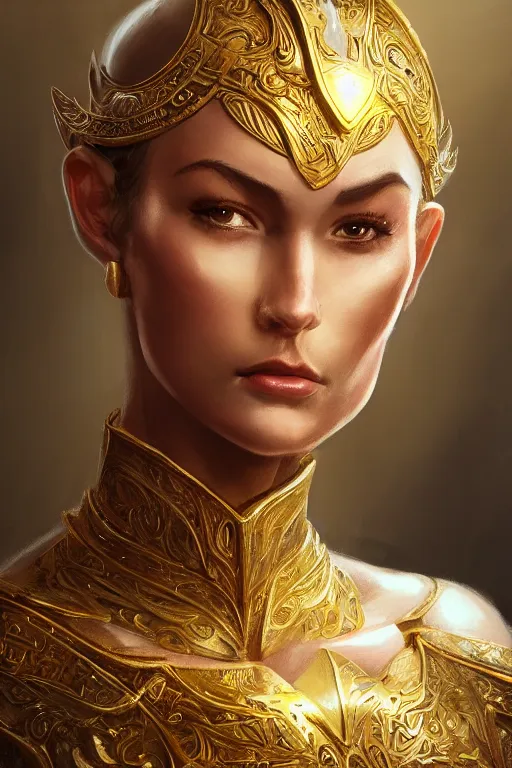 Prompt: three-quarters portrait pose of a beautiful woman, strong body, shining gold armor, human warrior, fantasy, intricate, elegant, highly detailed, digital painting, artstation, concept art, matte, sharp focus,D&D, illustration, art by Stanley Lau