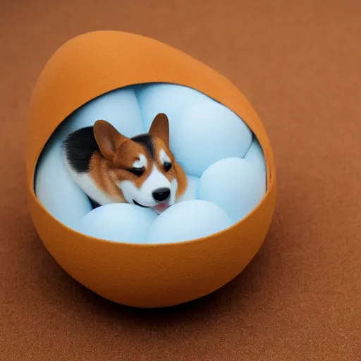 Prompt: corgi sleeping in an egg, realistic photography, high detailed