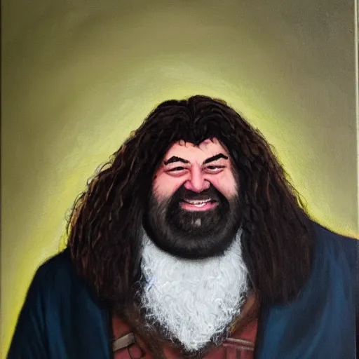 Image similar to thin happy hagrid oil painting