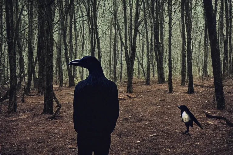 Image similar to !!!!!! human mixed with a crow, photograph captured in a dark forest