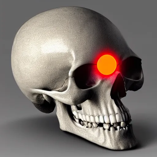 Image similar to real human skull with robotic circular orange light electronic eyes in eye sockets, cyberpunk, futurism