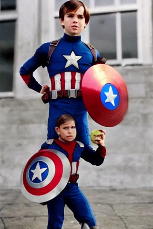 Image similar to Young Steve Jobs as Captain America holding a bitten apple