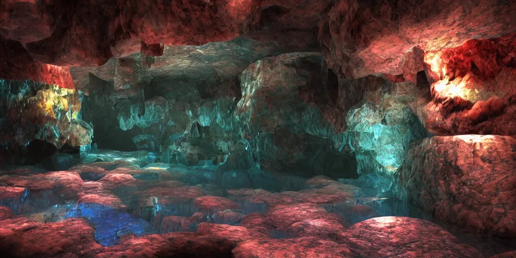 Prompt: cavern underground, crystal, vivid, water, puddles, rocky, minerals, volumetric lighting