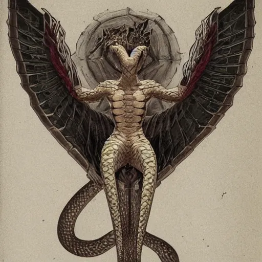 Prompt: an amalgamation of a snake, lizard, and humanoid with one angelic wing and one demonic wing with it's arms crossed in a dungeon