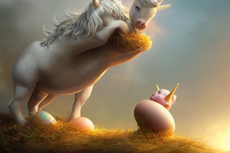 Image similar to a baby unicorn hatching out of a egg, matte painting, concept art, digital art, trending on artstation, 4 k, extremely detailed, realistic, fantasy art,