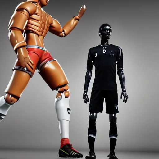 Image similar to a realistic detailed photo of a guy who is an attractive humanoid who is half robot and half humanoid, who is a male android, attractive and handsome soccer players, shiny skin, posing like a statue, blank stare, in a factory, on display, showing off his muscles, wearing soccer shorts, side view, looking at each other mindlessly