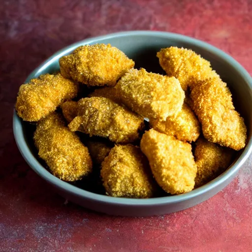 Image similar to chicken nuggets made of gold in a bowl made of silver, studio photo, dslr close up