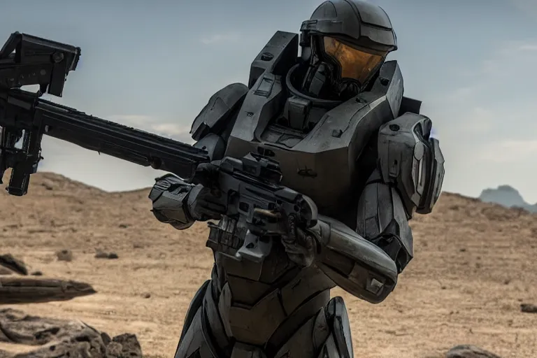 Image similar to vfx movie, sci - fi super soldier in worn military futuristic armor, posing with futuristic rifle in alien technology temple, master chief by emmanuel lubezki