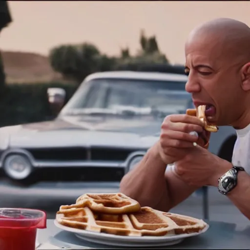 Image similar to movie still of vin diesel eating waffles and pancakes breakfast in a car