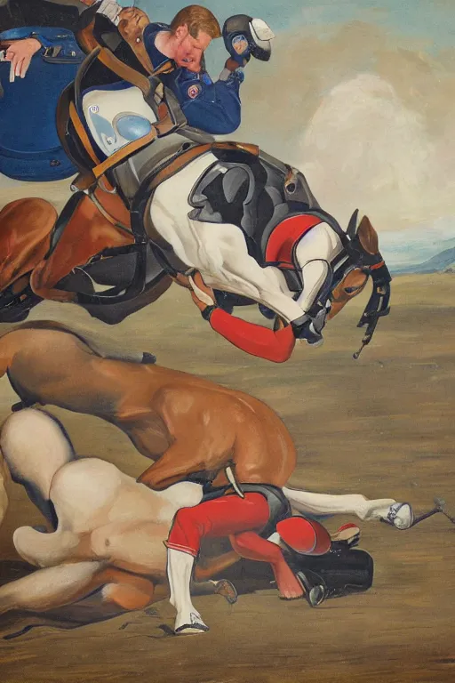 Image similar to a painting of horse wrestles or laying astronaut pilot spaceman on all fours on hands and knees in grappling in closed guard on mount position