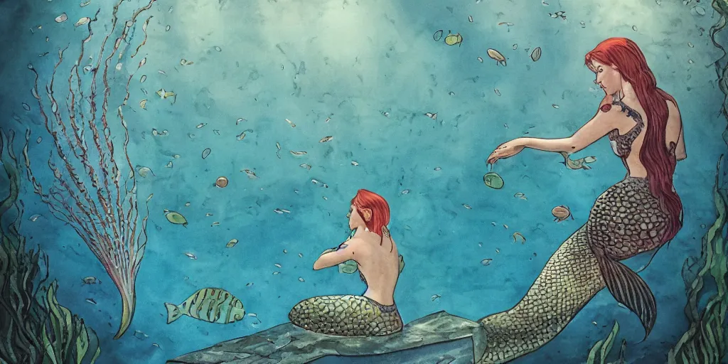 Prompt: A mermaid in an aquarium looking out at a crowd, moody, lonely