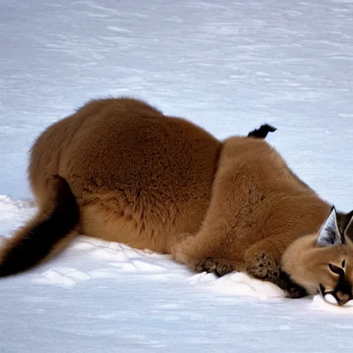 Image similar to fullbody photo still of sleepy fat chubby caracal, lying sleeping on snowy ice, big stomach, fullbody, sunny winter day