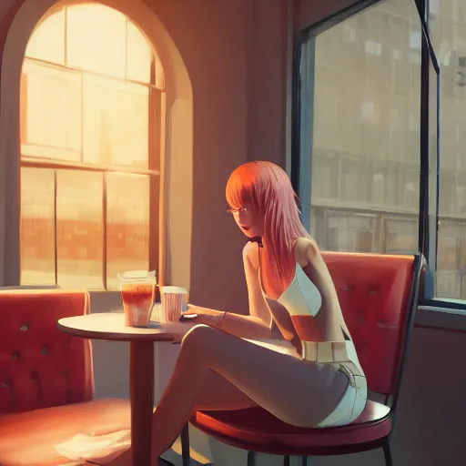 Prompt: cute girl sitting across the room from you, at a coffee shop, drinking a strawberry latte, evening, low lighting, highly detailed, artstation, 4k, amazing quality