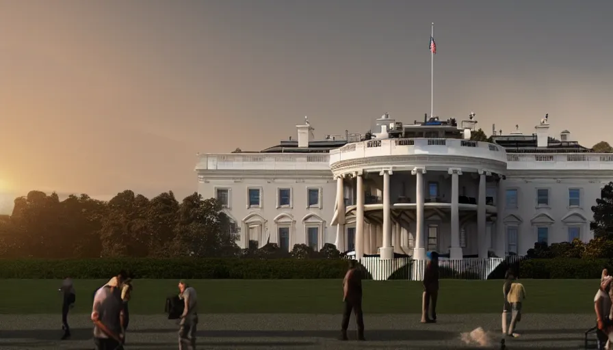 Image similar to people rebuilding white house in washington dc, scaffolding, sunset, volumetric light, hyperdetailed, artstation, cgsociety, 8 k