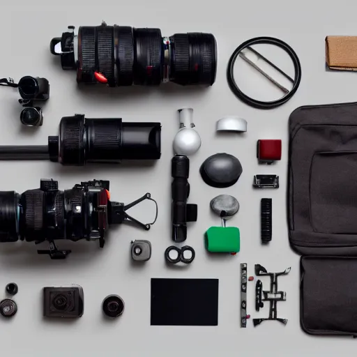 Prompt: flat lay filmmaking equipment, photorealistic, detailed, hyperreal,