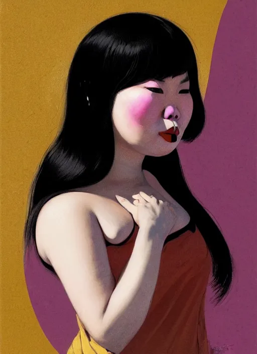 Image similar to portrait of a plump thai woman with a crooked nose and a confident expression, 1 9 6 0 s, black clothes, goth, punk, brightly coloured hair, funk, intricate, elegant, highly detailed, digital painting, artstation, concept art, smooth, sharp focus, illustration, art by wlop, mars ravelo and greg rutkowski