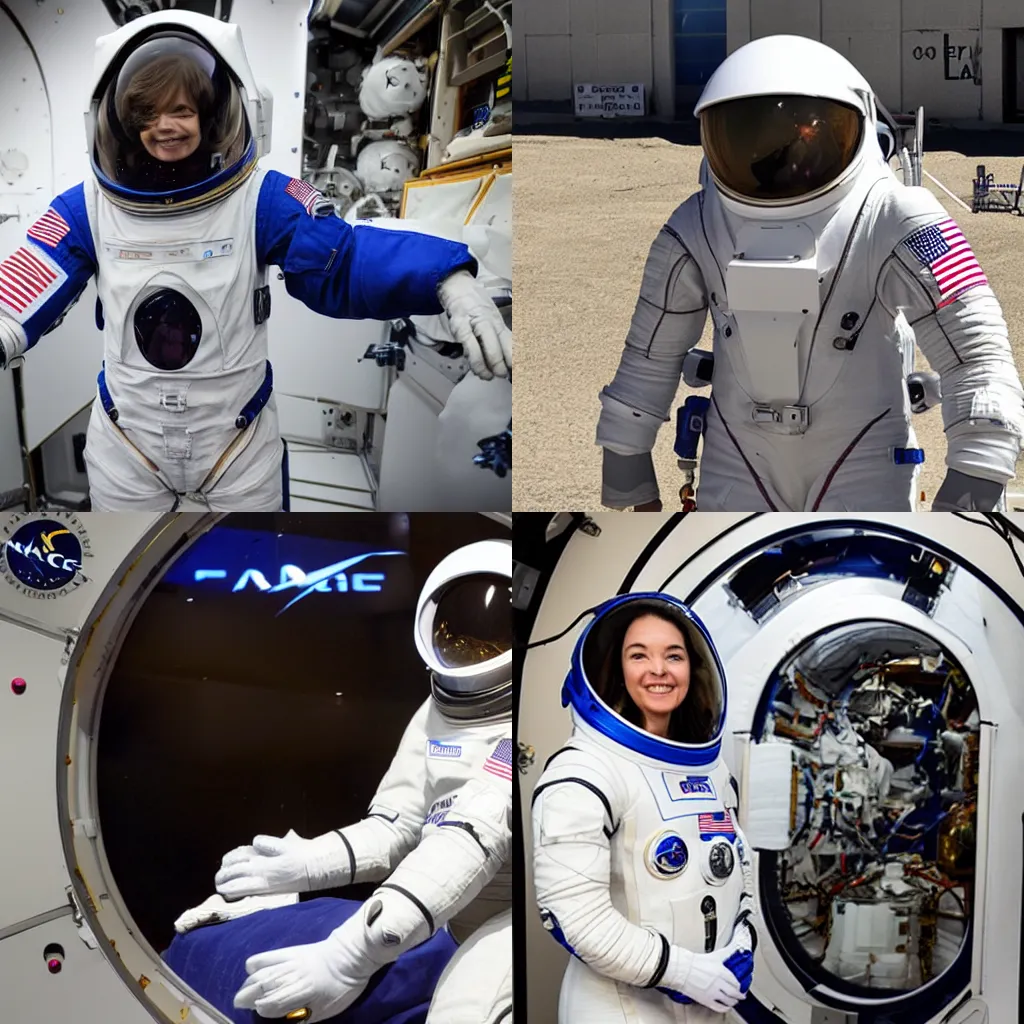 Prompt: Anne McClain in a spacesuit made by SpaceX, photo by NASA