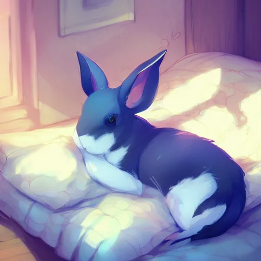 Prompt: cute black lop rabbit, blue eyes, bed, hd, soft lighting, makoto shinkai, lois van baarle