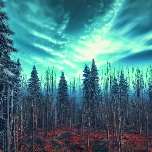 Image similar to cyberpunk forest with blue ice clouds in the sky