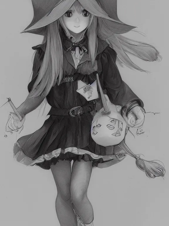 Image similar to Full shot sketch of a cute mischievous young witch about to get up to some trouble. By Range Murata and WLOP and CLAMP and Loish. Lineart only. award winning, Artstation, intricate details, Hyperdetailed, 8k resolution.