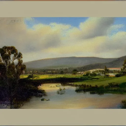 Image similar to a landscape painting of canberra by fred mccubbin