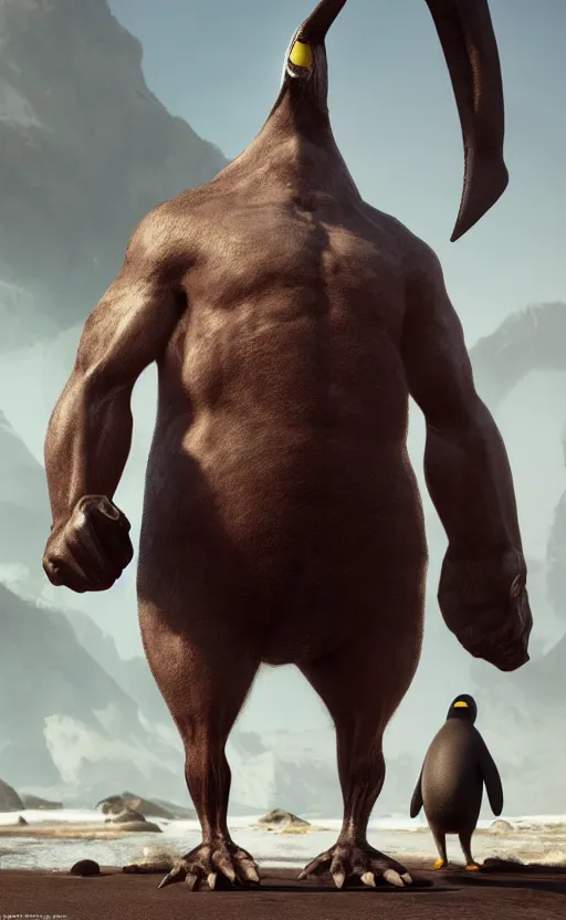 Prompt: muscular anthropomorphic penguin, tall penguin beast, cinematic shot, character art by Greg Rutkowski, HD realistic photography, 4k
