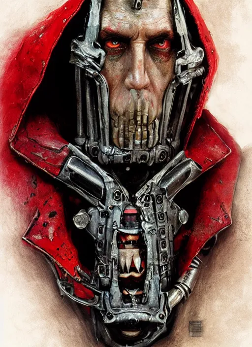 Image similar to portrait of rotten Nicolas Cage as adeptus mechanicus in red hood and robe from Warhammer 40000. Highly detailed, artstation, illustration by and John Blanche and zdislav beksinski and wayne barlowe