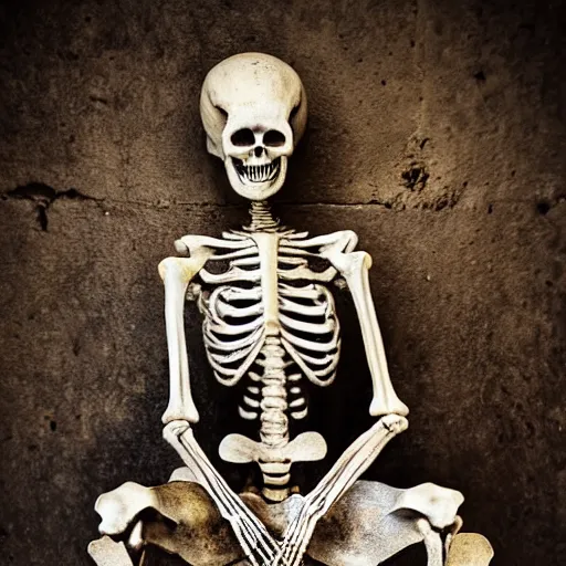 Image similar to ancient skeleton sits on a throne in an old temple with godrays, XF IQ4, 150MP, 50mm, f/1.4, ISO 200, 1/160s, natural light, Adobe Photoshop, Adobe Lightroom, DxO Photolab, Corel PaintShop Pro, rule of thirds, symmetrical balance, depth layering, polarizing filter, Sense of Depth, AI enhanced